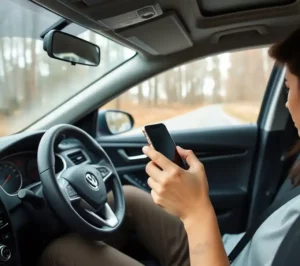 A picture showing a person using their phone while driving, highlighting how dangerous it is