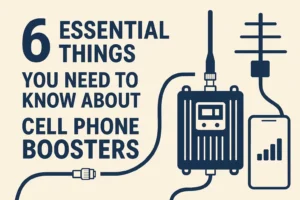 Visual breakdown of six key facts about mobile signal boosters, including coverage, compatibility, installation, legality, frequency bands, and benefits.