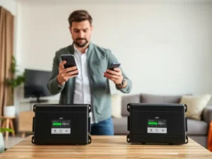 A man thoughtfully deciding between two different mobile signal boosters placed on a table, symbolising a buying decision.