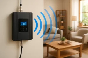 A modern home interior with a mobile signal booster on a wall, highlighting tips for picking the right booster to improve indoor phone reception.