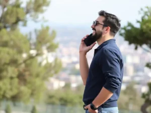 A man smiling while talking on a mobile phone smoothly