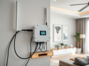 A 5G mobile signal booster installed inside a modern house to enhance indoor network coverage.