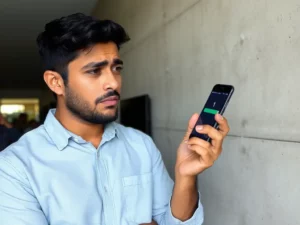 A frustrated man looking at his phone indoors, struggling with weak mobile signal reception.