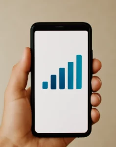 Person holding a phone with full signal bars, showing improved mobile reception indoors.