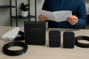 A complete mobile signal booster kit with antennas and amplifier unit, ready for home installation.