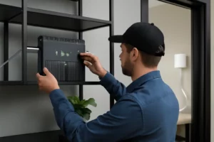 A Technician Installing a Mobile Signal Booster indoors in New Zealand