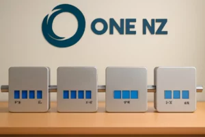 A display of high-quality mobile signal boosters compatible with One NZ (formerly Vodafone), designed to enhance 4G and 5G connectivity across New Zealand.