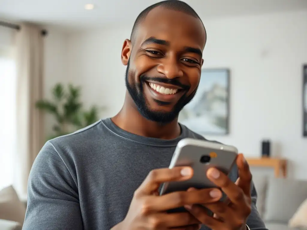 A person experiencing improved phone signal strength after installing a mobile signal repeater at home.