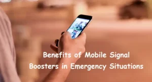 A person making an emergency phone call in a remote area with a visible mobile signal booster improving connectivity