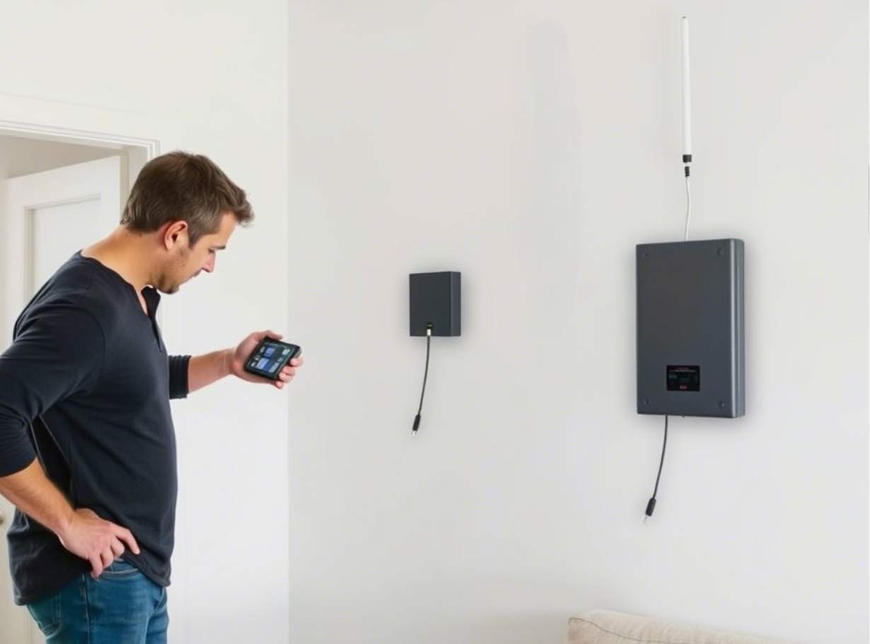 A person looking for different mobile signal booster options, comparing models and specifications.