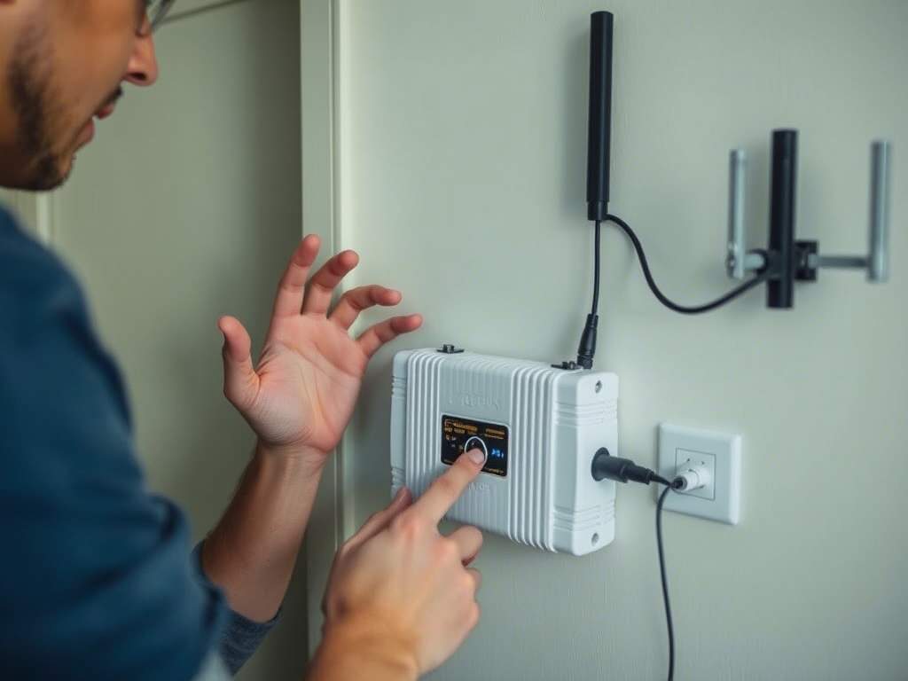 A person pressing the power button on a mobile signal booster to activate the device indoors.