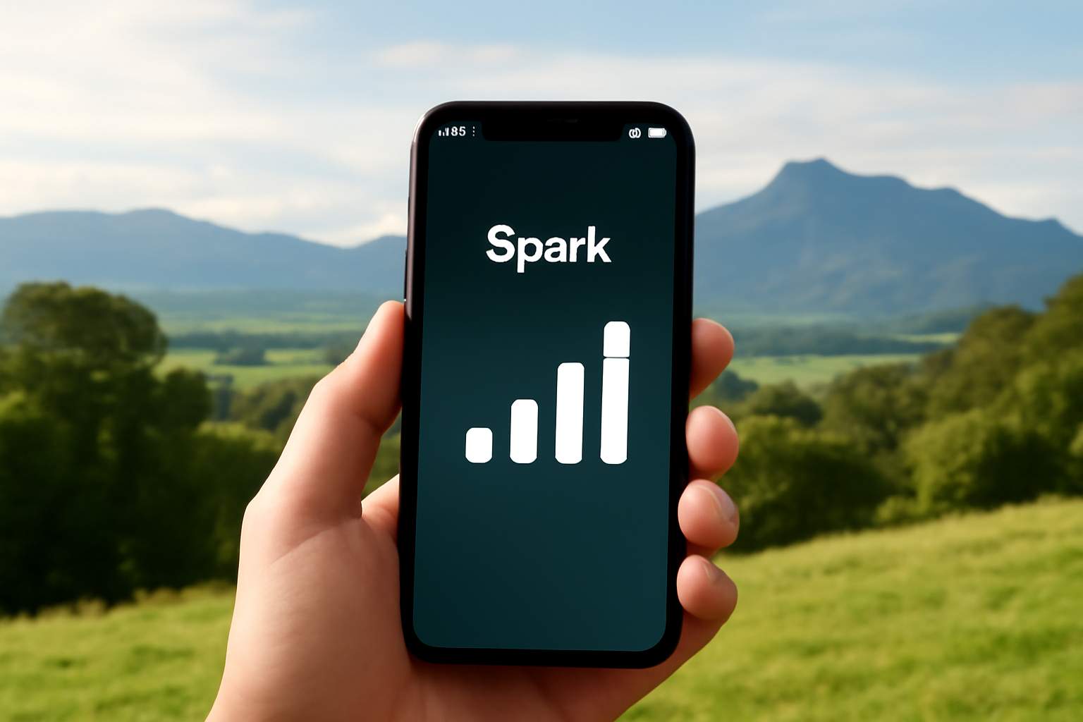 A single mobile phone showing full signal bars while connected to the Spark network in a scenic New Zealand location.