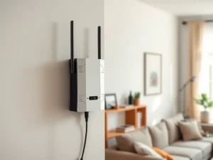 A mobile signal booster installed indoors with a phone showing full signal bars nearby, symbolising improved connectivity at home.