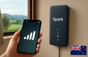 A Spark mobile signal booster installed indoors in a New Zealand home, improving signal bars on a smartphone nearby.
