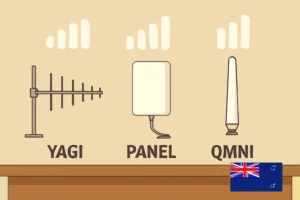 Different types of signal antennas for improving mobile reception, including Yagi, panel, and omni-directional.