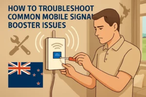 A person checking a mobile signal booster setup, representing steps to troubleshoot common mobile signal booster issues.