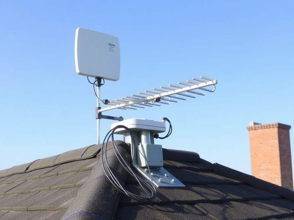 An outdoor antenna mounted on a rooftop, used to capture mobile signals for a signal booster system.