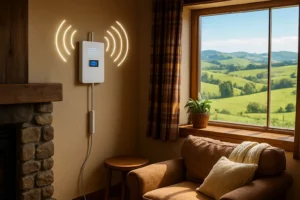 A mobile signal booster installed in a rural New Zealand home surrounded by hills, highlighting improved connectivity in remote areas.