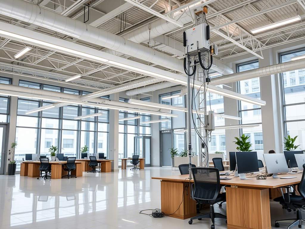 A mobile signal booster mounted on the wall inside a large office building to enhance mobile reception for employees.
