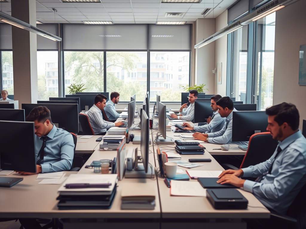 An open-plan office space with people focused on their work at desks, using computers and mobile devices with steady connectivity.