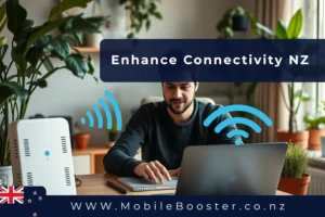 A person working remotely on a laptop in rural New Zealand, surrounded by open fields and mountains, highlighting the need for strong mobile signal boosters to maintain reliable connectivity in remote locations.